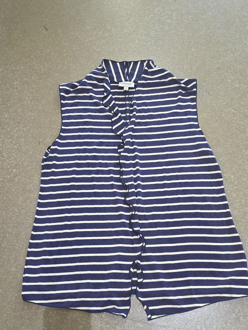 Armani Collezioni Navy and White Striped Ruffle-Front Sleeveless Top
